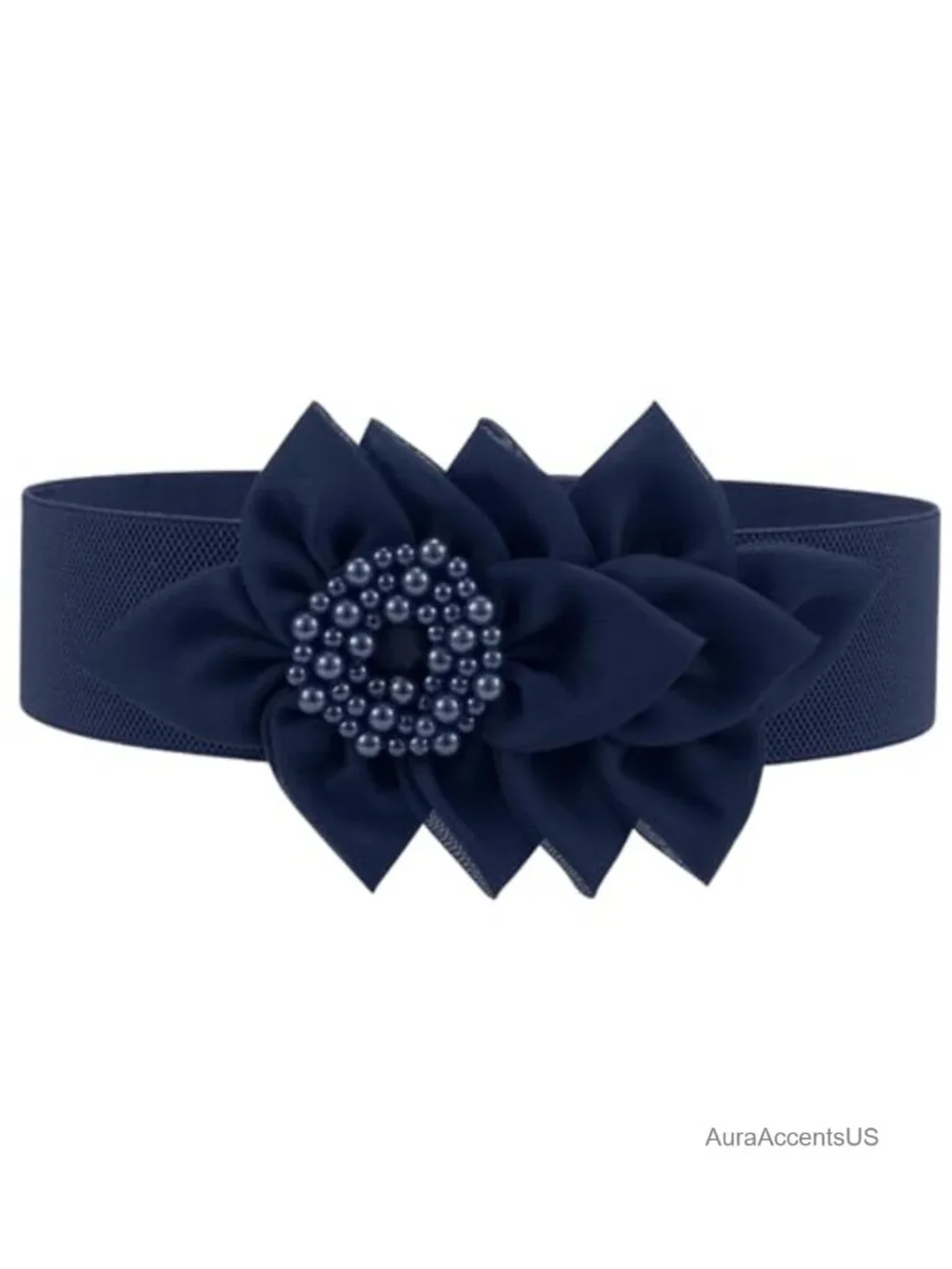 Wide Elastic Stretch Belt with Floral Pearl Decor for Dresses